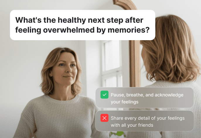 Woman looking in mirror with practice prompts